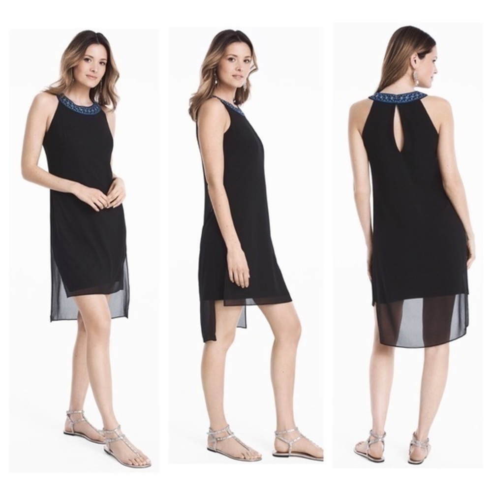 WHBM Black Embellished Neck Black Woven Overlay Dress E16